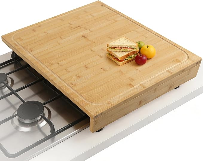 BAMOTTO CRAFTBAMBOO 20 x 22 Inch Bamboo Cutting Board, Stovetop Cover | Detachable Legs | Detachable Non-Slip Front Lip | Over-the-Sink Board | Reversible Dual Juice Grooves | Kitchen Noodle Board