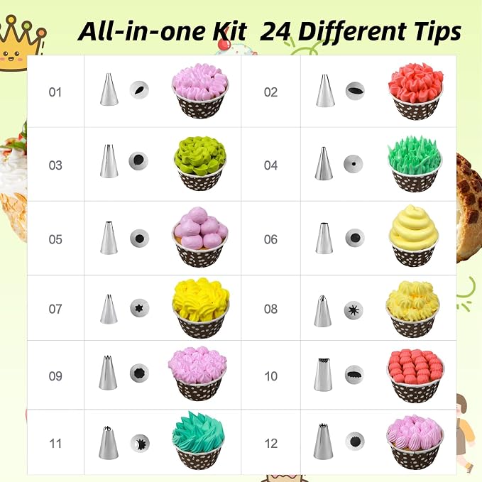 Piping Bags and Tips Set, Cake Decorating Kit | 24 Stainless Steel Piping Tips, 2 Reusable Silicone Pastry Bags - Baking Supplies for Cupcakes, Cookies, and Cake Decorating