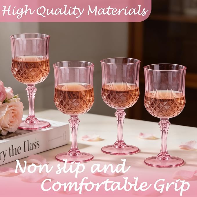 48Pack Plastic Wine Glasses, 7oz Vintage Goblets for Wedding | Unbreakable Crystal Style Reusable Stemware, Elegant Pink Drinking Glass for Party Anniversary & Holiday Celebration