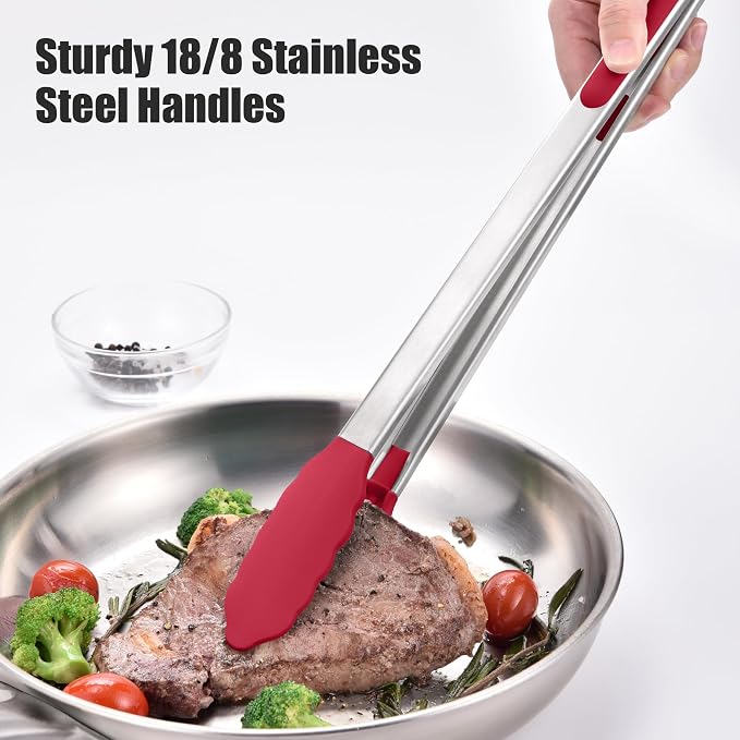 Doosu Kitchen Tongs with Silicone Tips for Cooking Serving (16in, Red) | 600°F Heat Resistant Food Tong, Heavy Duty Stainless Steel Locking Tong for BBQ, Grilling Steak, Salad, Toast, Pasta