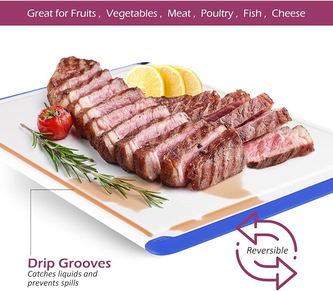 Extra Large Plastic Cutting Board for Kitchen - Blue 18-Inch Dishwasher Safe Chopping Board, Reversible Cutting Board with Juice Groove + Non Slip Feet for Meat, Fruit, Vegetables by Belwares