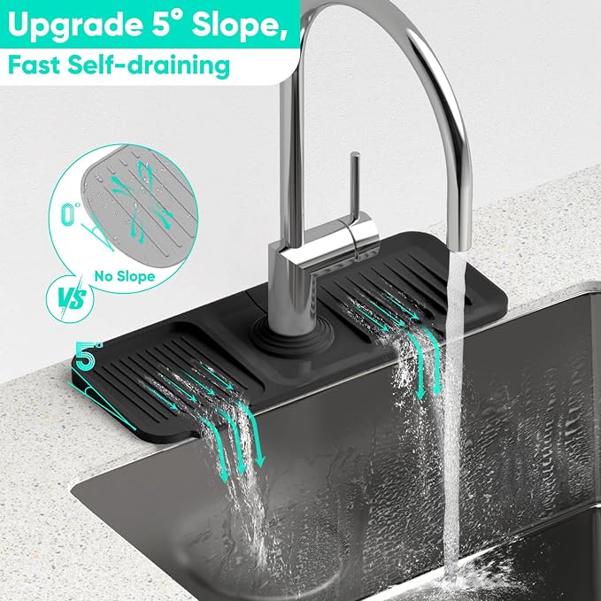 14.6'' Faucet Mat for Kitchen Sink [5°Slope Fast Self-draining] Kitchen Sink Splash Guard Silicone Kitchen Sink Faucet Mat Splash Guard for Kitchen Sink Area Tidy Splash Faucet Guard Draining Mat
