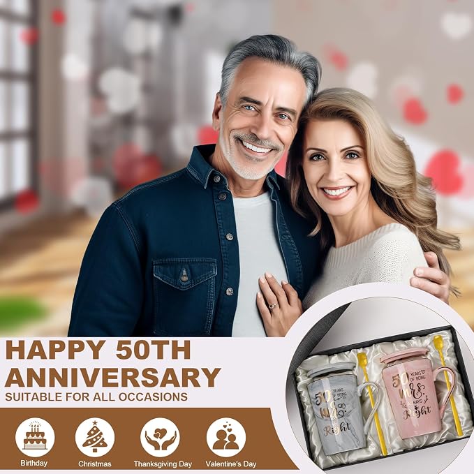 50th Wedding Anniversary for Couples, Gifts for Golden 50th Anniversary | 14Oz Ceramic Marble 50 Year Coffee Mug Set Gift for Parents Grandparents, with Real Gold Foil, Greeting Card, Gift Box