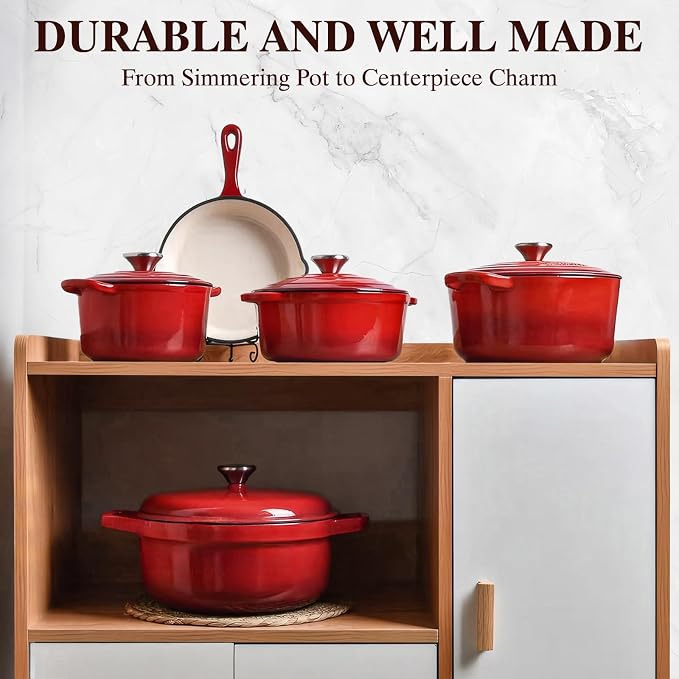Umite Chef 7QT Enameled Cast Iron Dutch Oven with Lid & Cotton Potholders–Heavy-Duty Cookware for Bread Baking, Braising, Stews, Marinate, Cook(Red)