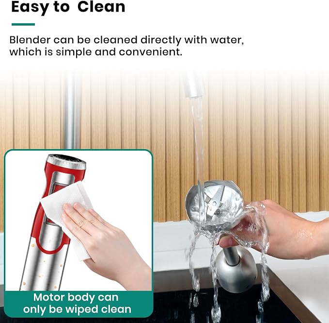 Colarlemo 1800W Immersion Blender Handheld 4-in-1 Hand Blender, Red | Stick Blender for Ice Crushing Smoothie, Baby Food, 8 Speed & Turbo Boost, Stainless Steel Blade with Whisk, Chopper, Beaker