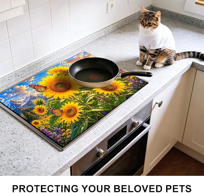Sunflower Butterfly Stove Top Cover for Electric Stove, 28x20 In | Heat-resistant non-slip mat holds hot cookware; glass cooktop protector, dish drying, ironing pad; farmhouse kitchen decor