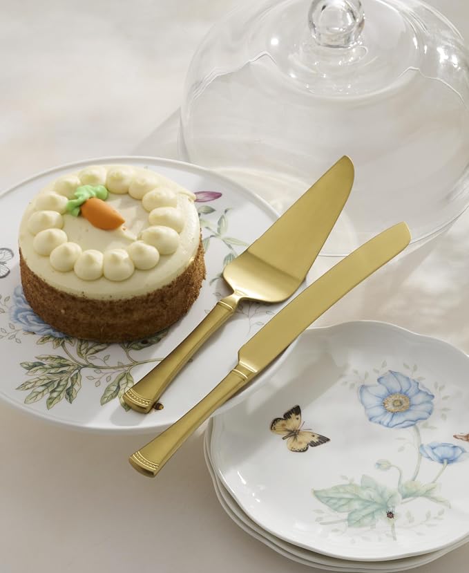 Lenox Portola Satin Gold Silverware Cake Dessert Set, 2-Piece, Flatware | 18/10 stainless steel, gold finish | dishwasher safe | 12.85 inch knife, 11.22 inch server, wedding cake cutting set