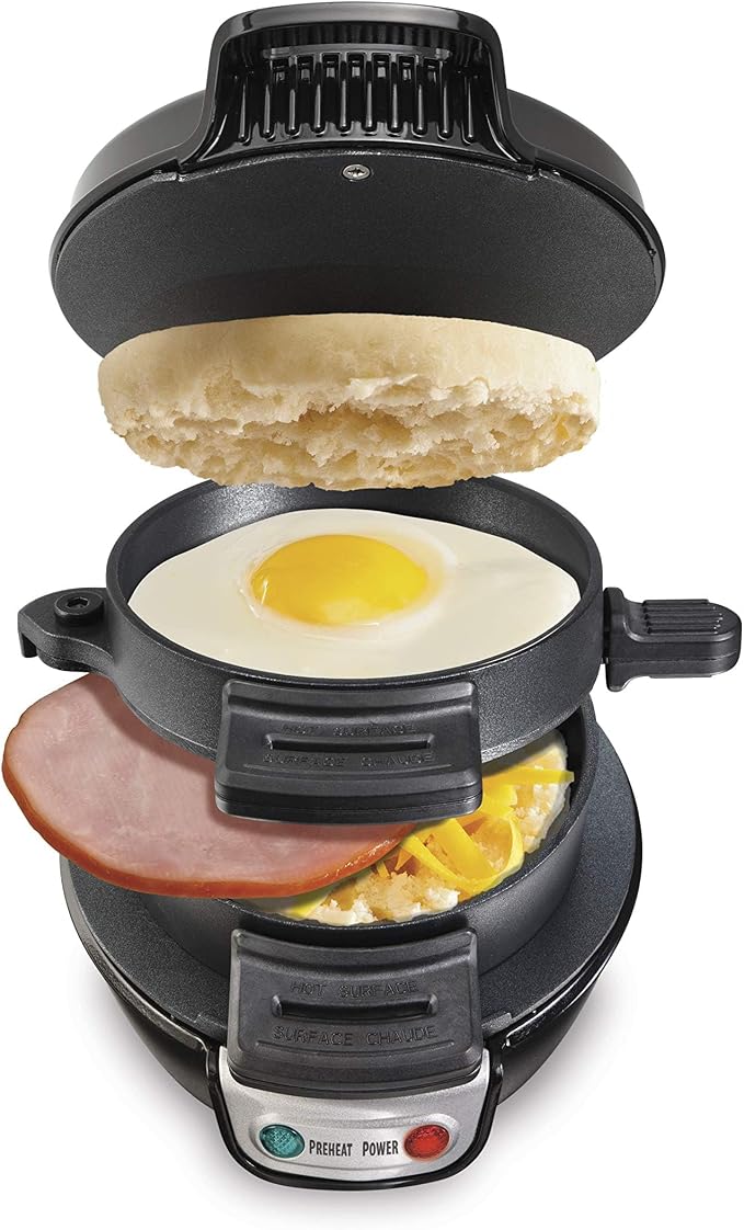 Hamilton Beach Breakfast Sandwich Maker with Egg Cooker Ring | Perfect for English Muffins, Croissants, Mini Waffles | Customizable & Fast | PFAS-Free | Black | 25477MN