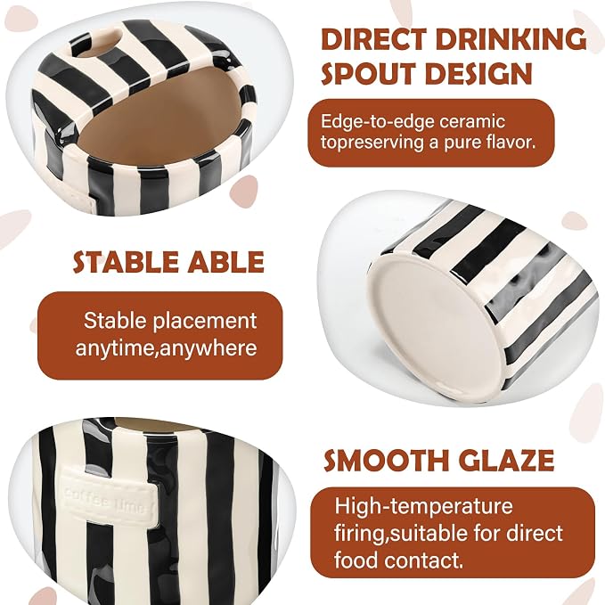 2 Pack Ceramic Mug with Sip Hole, Simple, Brown, Black | 10oz Ceramic Coffee Cup with Straws, Retro Hand Painted Striped, for Iced Coffee Tea Latte Espresso, Kitchen Dining Travel