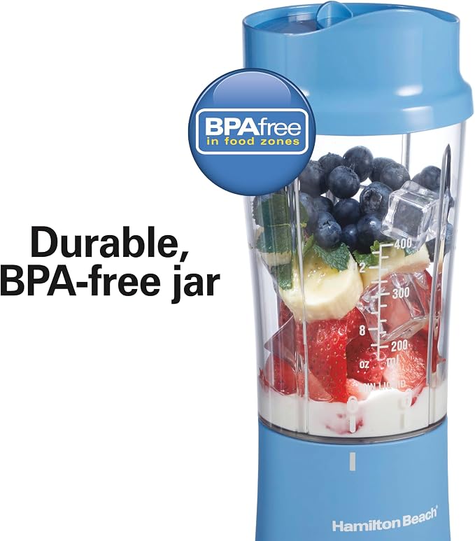 Hamilton Beach Portable Blender for Smoothies With 14 oz. Travel Jar | BPA Free Jar & Lid | Durable Stainless Steel Blades | 300 Watts Peak Power | Personal Smoothie Blender | Blue | 51172G
