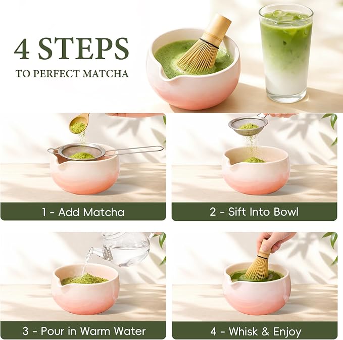 Matcha Whisk Set, Ceramic Matcha Set Includes Bowl & Holder, Bamboo Whisk (Chasen), Scoop, Spoon and Sifter, 6PCS Matcha Kit Covers Everything Needed for Making Matcha (Pink)