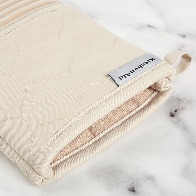 KITCHENAID Quilted Cotton Terry Cloth Oven Mitt, Pot Holder, Kitchen Towel 4-Pack Set, Heat Resistant, Silicone Grip, 16"x26", 7"x13" & 7"x10", Milkshake Tan