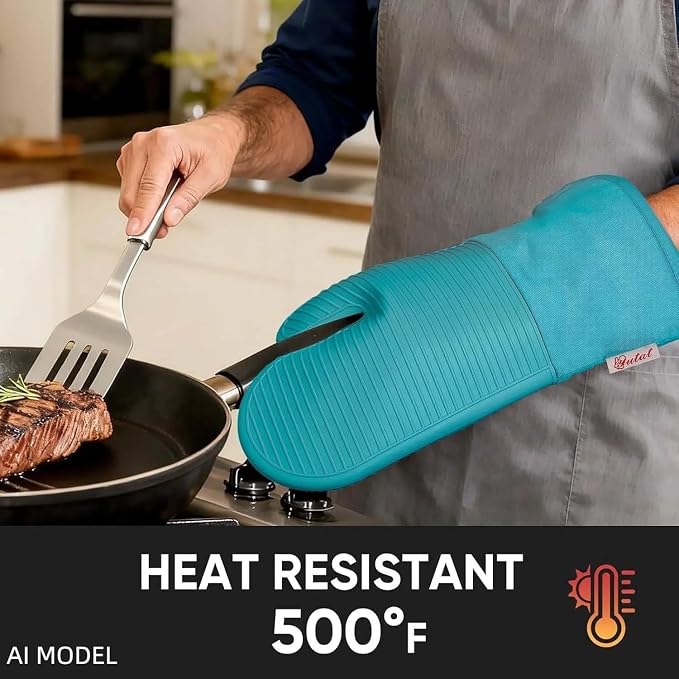 YUTAT Silicone Oven Mitts,High Heat Resistant Up to 500 Degrees,Waterproof Cooking Gloves with Soft Polyester Filling,Kitchen Potholder Set - Perfect for BBQ, Baking and Cooking,Green,2 Pcs Set