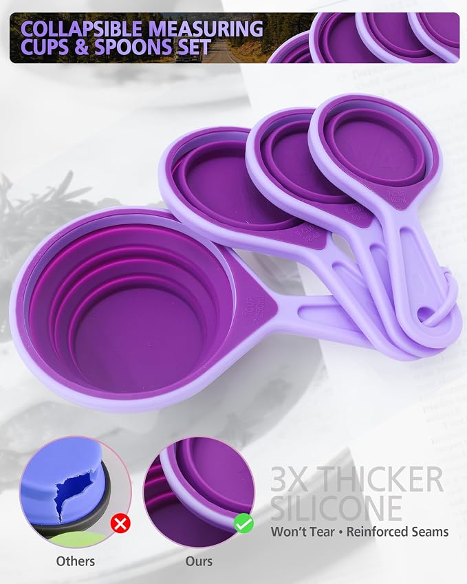 Measuring Cup and Spoon Set, Collapsible Measuring Cup, 8 Piece Measuring Tools, Engraved Metric/US Markings, for Liquid and Dry Measurements, Space Saving, BPA Free Silicone, Colorful