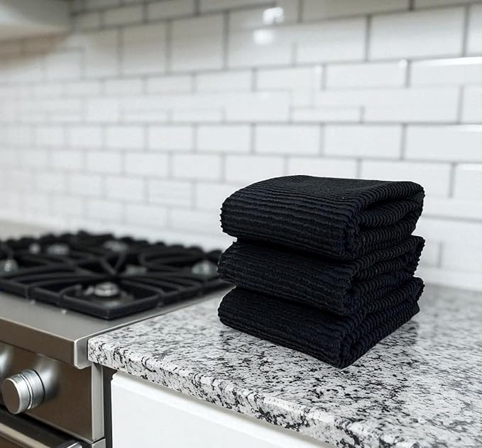 Black Kitchen Hand Dish Towels, Set of 3, 100% Cotton, 18" x 28" | Terry Loop Ribbed Textured, Soft & Absorbent Cleaning Cloth, Quick Dry, Multipurpose for Everyday Use