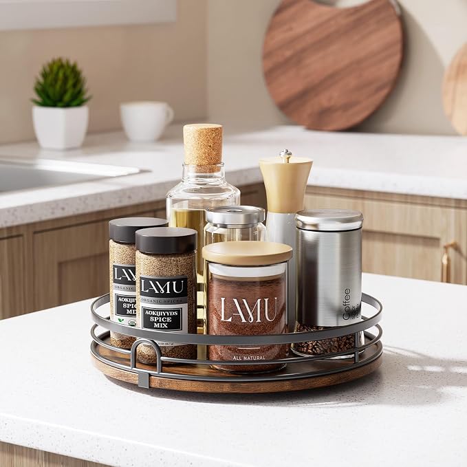 LAMU 10'' Lazy Susan Turntable Organizer for Cabinet, Round Wood Lazy Susan for Table Top, Countertop, Kitchen, Pantry, Spice, Bathroom Vanity, Decor