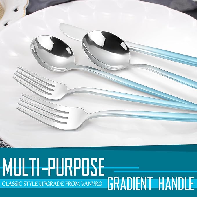 VANVRO Gradient Blue Silverware Set, 20 Piece Stainless Steel Flatware Set, Kitchen Utensil Set include Knife/Fork/Spoon,Cutlery Service for 4,Mirror Polished