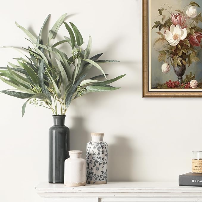 Ceramic Vintage Vase Set of 3, Vintage Flower Vases Home Decor Chinoiserie Decorative Retro Floral Vase Rustic Farmhouse Decor for Table Bookshelf Mantel Kitchen Living Room Office - Gray