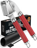 ORBLUE Garlic Press and Peeler Set, Stainless Steel - Professional Grade Mincer, Crusher - Dishwasher Safe & Rust-proof, Red