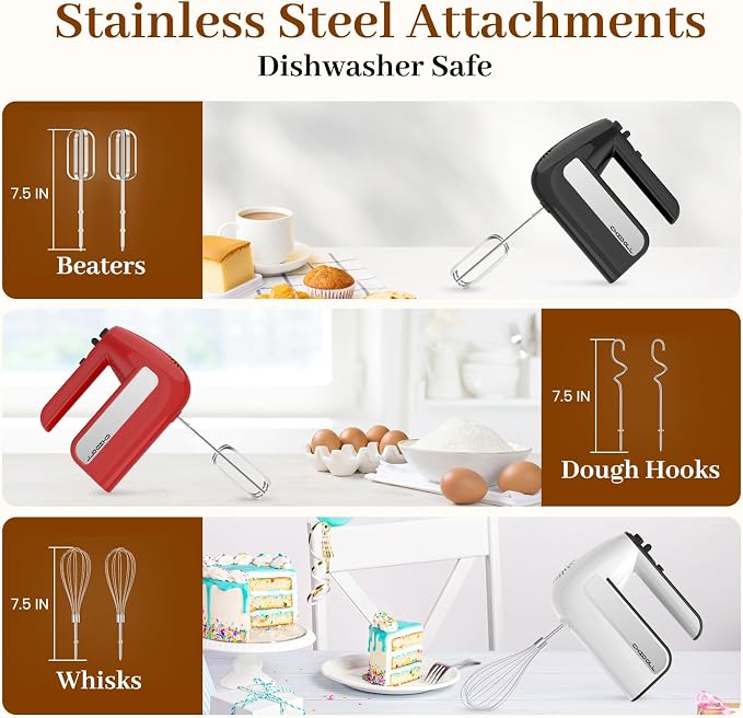 5-Speed Electric Hand Mixer, 800W Handheld Mixer with Turbo for Baking & Cooking, Kitchen Food Mixer with Storage Case & 6 Stainless Steel Attachments (2 Beaters, 2 Dough Hooks, 2 Whisks)-Black
