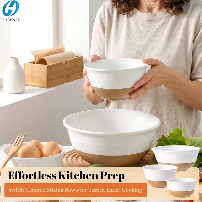 HASENSE Ceramic Serving Bowls, Large Salad Pasta Mixing Bowls Set, 2.1/1.0/0.5 Qt for Entertaining, White Nesting Batter Bowls for Prepping Baking, Dishwasher Microwave Safe, Set of 3