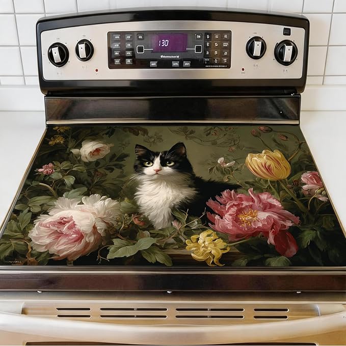 Tuxedo Cat Floral Stove Top Cover 28.35x20.47 in Non Slip | Heat Resistant Cooktop Protector Mat with Non-Slip Backing, Scratch Protection and Countertop Drying Mat.