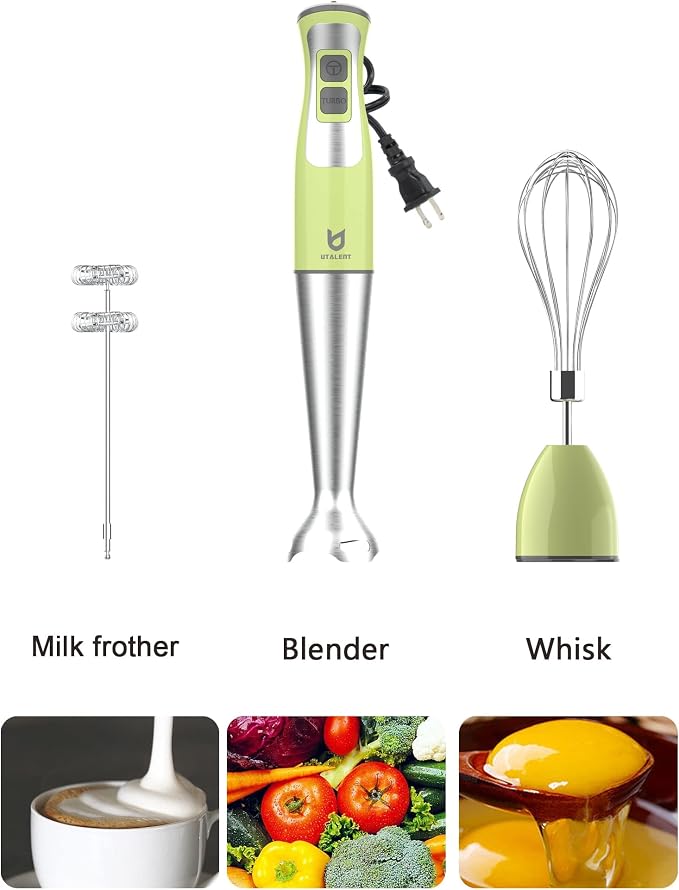 UTALENT 3-in-1 Immersion Hand Blender - Puree Food, Smoothies and Soups | 8-speed handheld blender, Pure Copper Winding Motor, 5.2 feet power cord, 4-point Ice crush SS blade, Egg whisk, Milk frother
