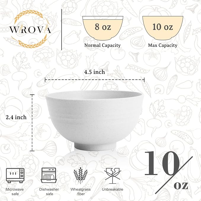 Handy Wheat Straw Bowls Set of 6,Unbreakable Ice-Cream Bowls Sets for Kids,10oz Small Dessert Bowls for Kitchen,Camping and RV.White Series