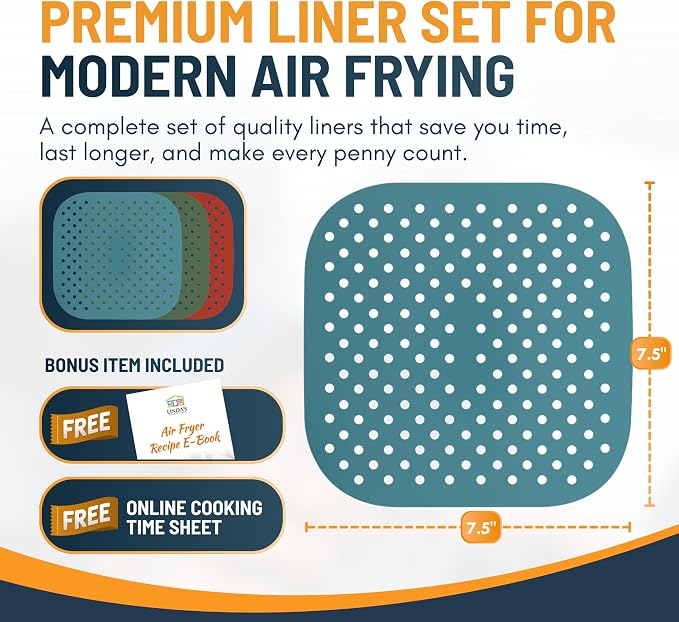 Reusable Square Silicone Air Fryer Liners (7.5 Inch, 3 Pack) by Linda’s Essentials - Non-Stick, Easy-Clean Accessories with Cheat Sheet & Recipe Book, Perfect for Quick Meals