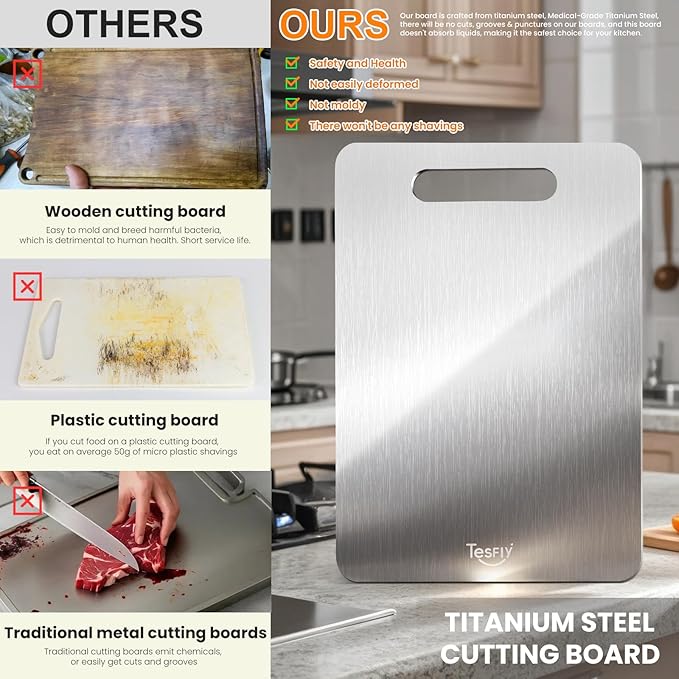 Titanium Cutting Board Set of 3, 100% Pure Titanium Food Grade Kitchen Chopping Board, Double-Sided Non-Toxic Easy to Clean & Dishwasher Safe, for Meats, Fruits and Vegetables (M+L+XL)