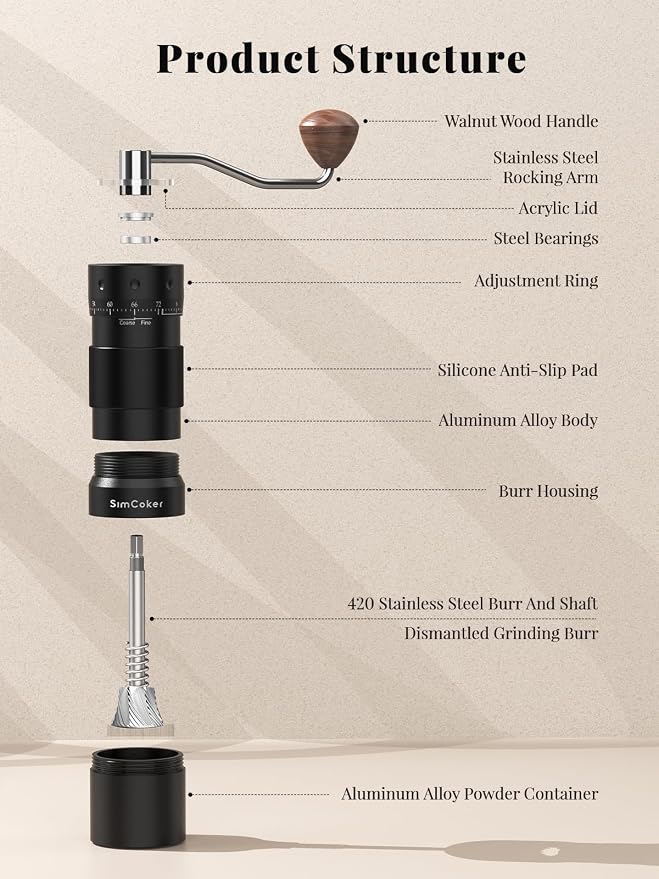 Manual Coffee Grinder with 16μm External Adjustment, Precision Espresso & Pour Over Grinder, CNC Stainless Steel Conical Burr, Drill-Compatible Aluminum Body, Portable Coffee Grinder, Black