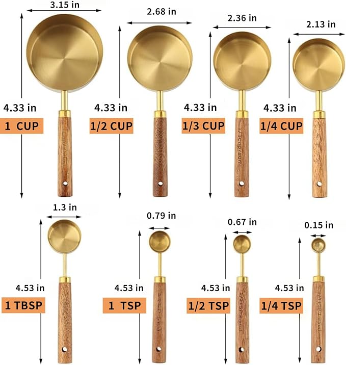 Golden Steel Measure Cups Spoons Wood Handle US Metric Cooking Baking | Food grade golden steel rustproof nonstick safe non slip wood handle US metric marks easy bake cook clean