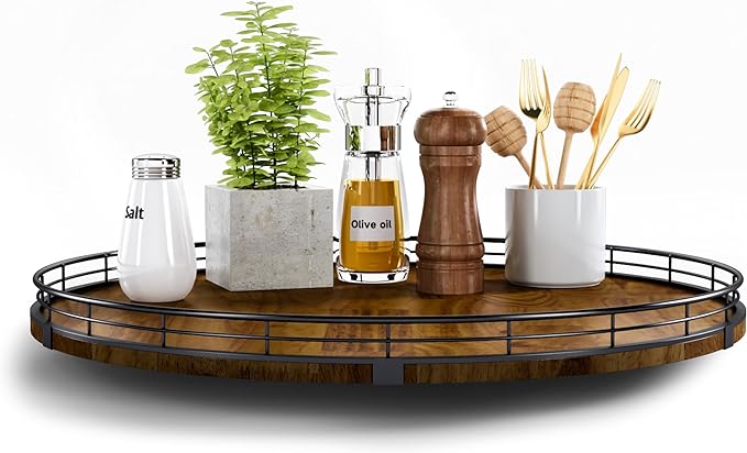 AMH 18-Inch Farmhouse Oak Lazy Susan Organizer, Walnut Finish | Smooth rotating oak tray with walnut finish for dining tables, kitchen counters, pantries and cabinet storage.
