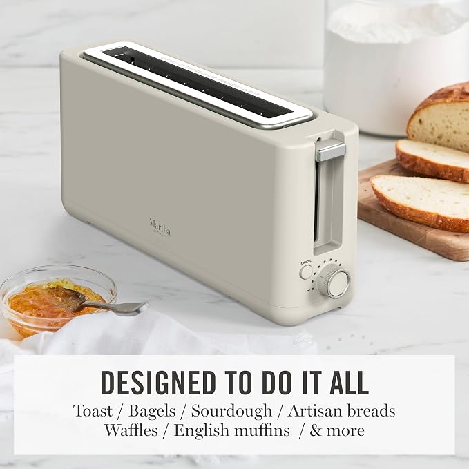 Martha Stewart 2 Slice Long Slot Toaster, Extra Wide, Linen Cream | 10 Shade Settings, 10” Wide Slot, Sourdough, Bagels, Artisan Bread & Waffles, Smart Centering, Removable Crumb Tray