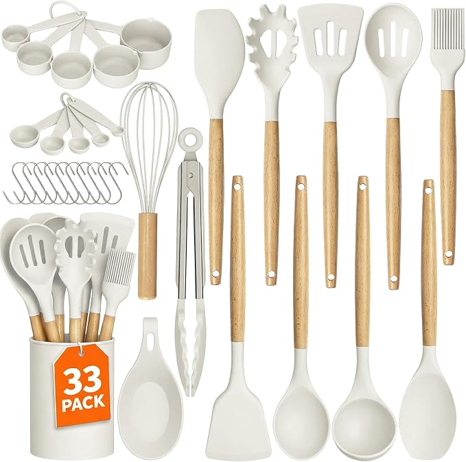 33Pcs Kitchen Utensils Set Silicone Cooking Utensils Set with Wooden Handle | Heat-Resistant, Dishwasher Safe, BPA-Free Silicone Kitchen Utensil Set with Wooden Handles & Holder for Nonstick Cookware