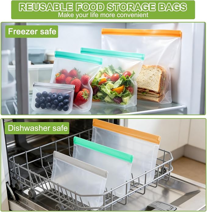 12 Pack Silicone Bags for Food Storage,Freezer & Dishwasher Safe,Leakproof Food Storage Bags,Reusable Freezer Ziploc Bags,Sandwich Snack Baggies-4 Gallon 4 Snack 4 Sandwich Bags,3 Colors