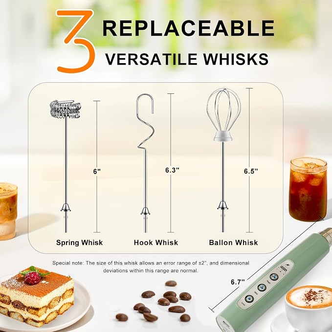 YUSWKO Handheld Milk Frother Wand for Coffee, Rechargeable Electric Whisk with 3 Heads 3 Speeds Drink Mixer Coffee Frother For Latte, Cappuccino, Hot Chocolate, Egg, Granite