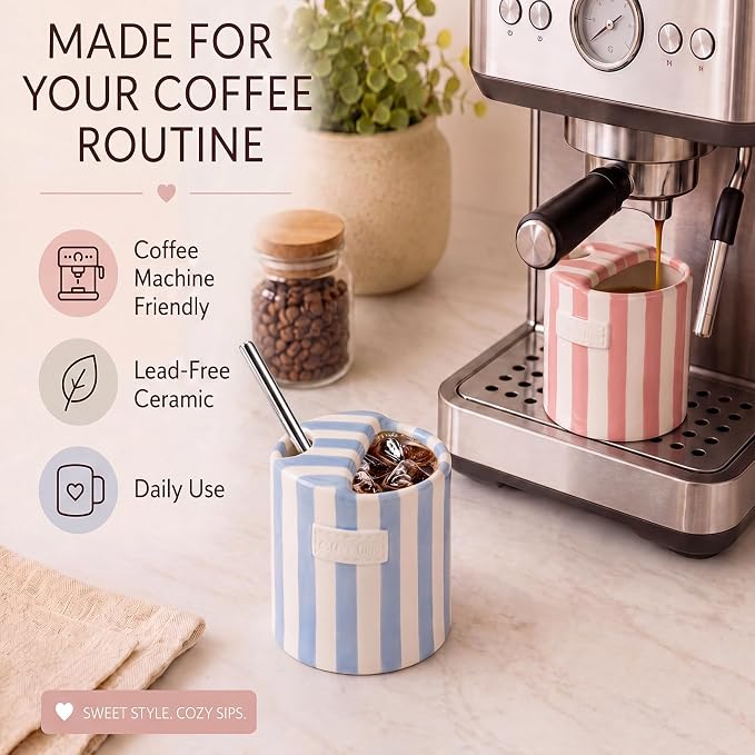 2 Pack Ceramic Mug with Sip Hole, Simple, Light Blue, Pink | 10oz Ceramic Coffee Cup with Straws, Retro Hand Painted Striped, for Iced Coffee Tea Latte Espresso, Kitchen Dining Travel