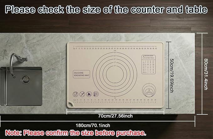 Silicone Pastry Mat 28" x 20" Extra Thick Silicone Baking Mat with Measurements and Edge Heightening Non-stick Food Grade Dough Rolling Mat Kneading Sheet for Pastry, Bread, Cookies (Beige)
