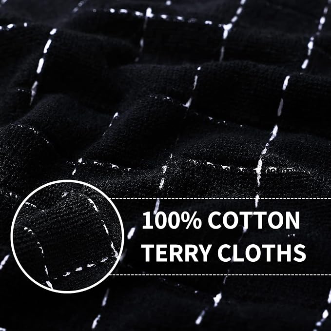 Homaxy Kitchen Towels and Dishcloths Set, Set of 16, Black | Bulk Cotton Terry Kitchen Towels, Checkered Designed, Soft and Super Absorbent Dish Towels, 12 x 12 and 13 x 28 Inches