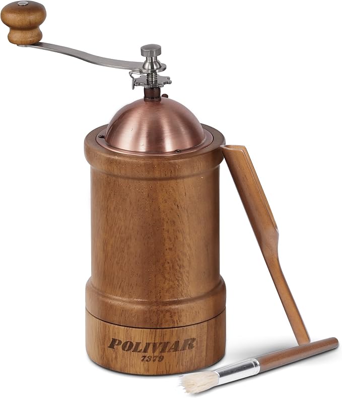 POLIVIAR Manual Coffee Grinder, Coffee Bean Grinder with Adjustable Ceramic Burr, Vintage Style Wooden Hand Coffee Grinder, Large Capacity Burr Coffee Grinder with Brush and Spoon (JX2022-CG20) | Coffee Bean Grinder with Adjustable Ceramic Burr, Vintag...