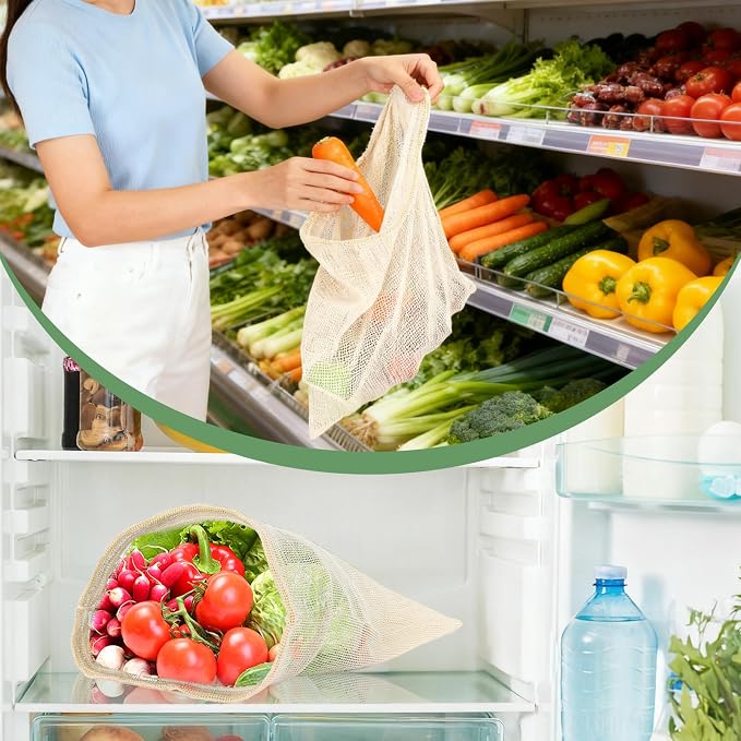 Reusable Cotton Produce Bags (10 Pack + 1 Premium Stotage Pouch) - Organic Cotton Mesh Bags for Fruits & Vegetables, Washable, Double-Stitched, Tare Weight, Eco-Friendly Storage (4L, 4M, 2S)