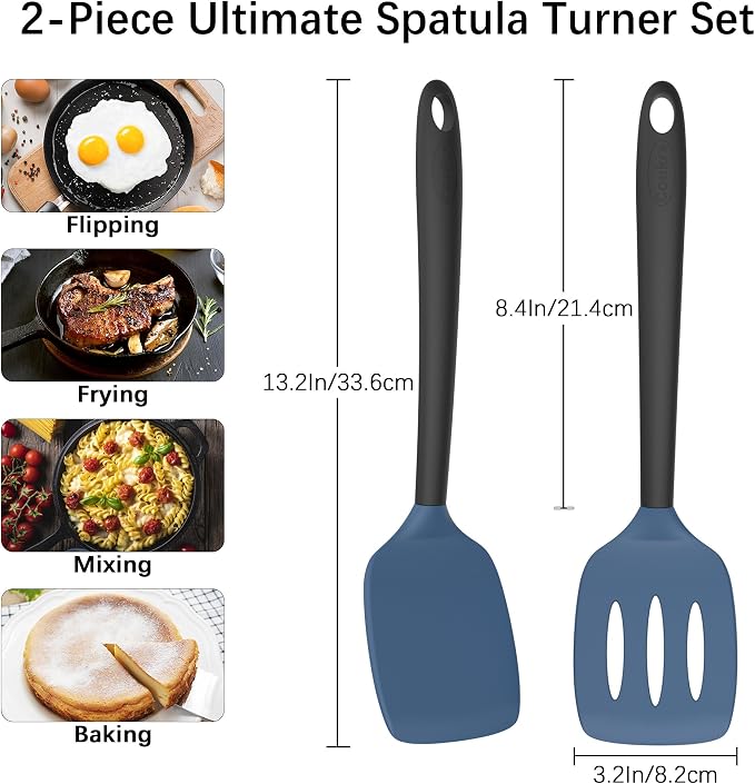 Coukre 2 Pack Silicone Spatula Set,High Heat Resistant, BPA-Free | Dishwasher Safe Kitchen Spatula for Nonstick Pans, Solid & Slotted Turners for Cooking, Sautéing, and Flipping, DarkBlueBlack