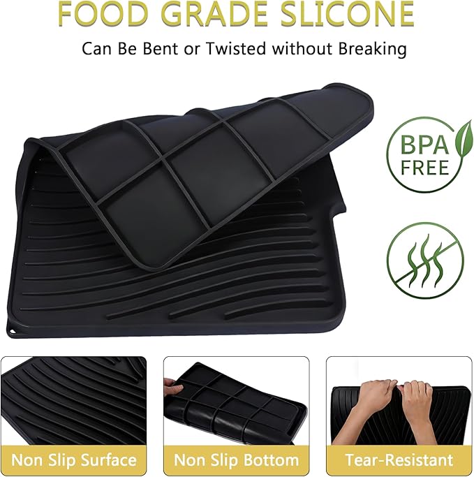Silicone Dish Drying Mat for Kitchen Counter, Black-1pcs, 16" x 13" | Heat Resistant & Non-Slip Dish Drain Pad with Built-In Drain, Dishwasher Safe, Quick-Dry, Hangable & Roll-Up for Storage
