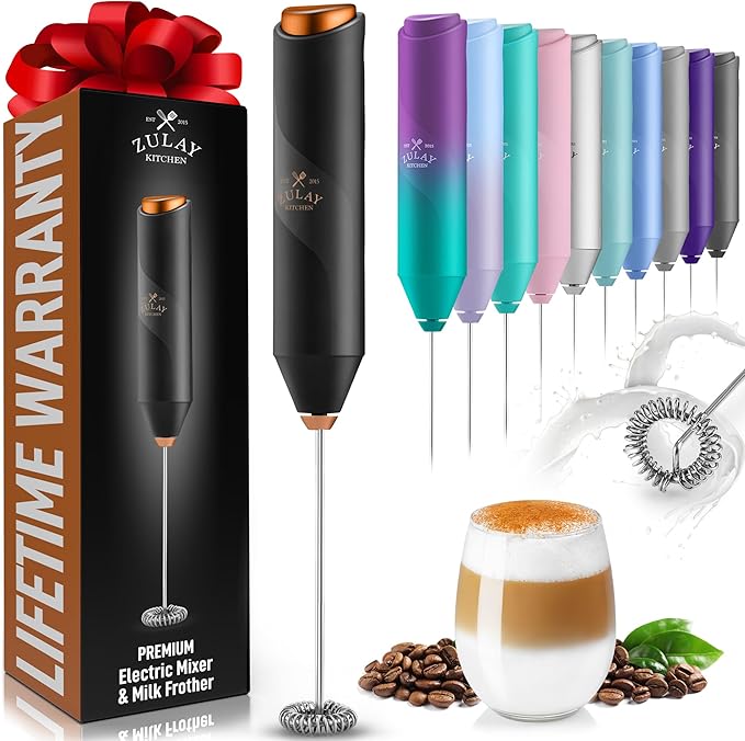 Zulay Kitchen Powerful Milk Frother Wand - Handheld Stainless Steel - Battery Operated Drink Mixer for Coffee, Lattes, Cappuccino, Matcha - Froth Mate Frother Gift - Alpha Black Copper