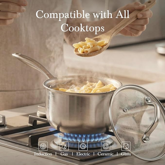 Tri-Ply Stainless Steel Pot 1.5Qt & 2.5Qt with Lids | Heavy Duty, Induction Ready, Nonstick, Stay-cool Handle, Dishwasher Safe, Multipurpose Cookware, Even Heat Conduction