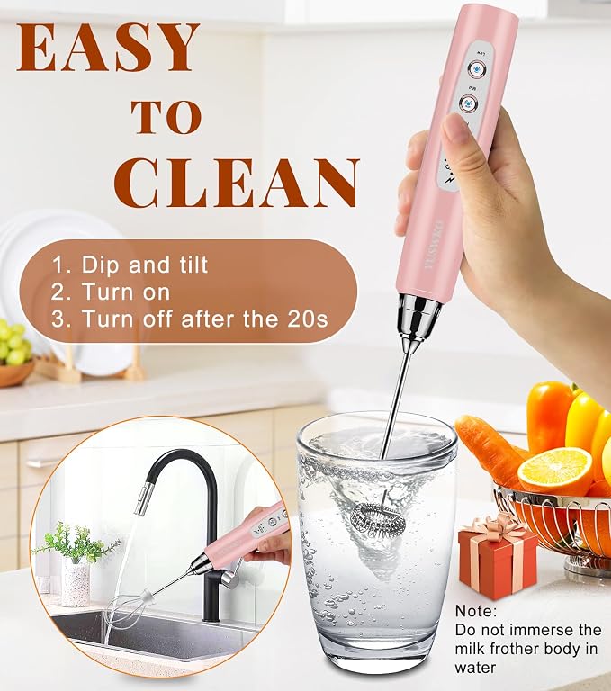 YUSWKO Handheld Milk Frother Wand for Coffee, Rechargeable Electric Whisk with 3 Heads 3 Speeds Drink Mixer Coffee Frother For Latte, Cappuccino, Hot Chocolate, Egg, Pink