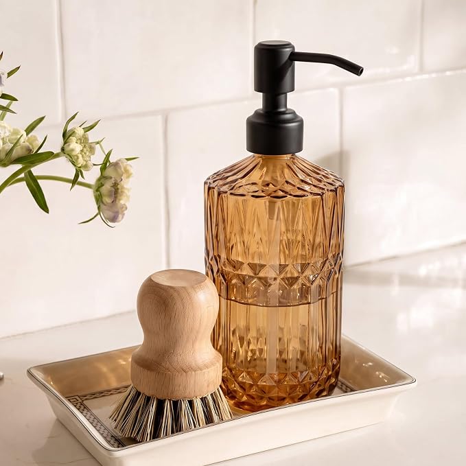 JASAI 18Oz Amber Glass Soap Dispenser with Black Pump for Bathroom. | Beautiful Kitchen Soap Dispenser with Thick Glass, Soap Dispenser Bathroom for Hand soap, Dish Soap, Lotion, Liquid Soap.