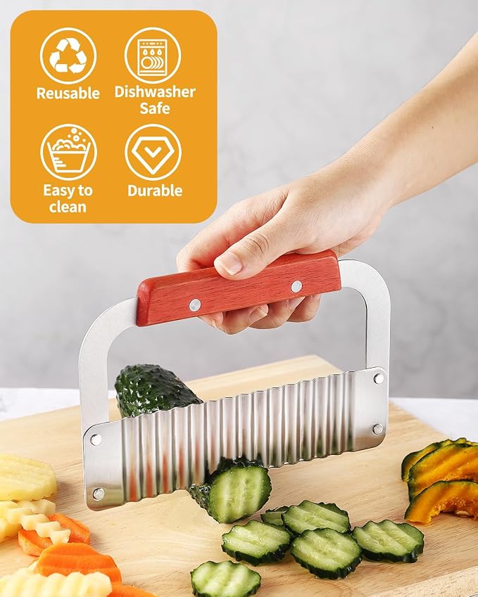 2 Pcs Crinkle Cutter Potato Slicer Wavy Chopping Tool French Fry Veggies | Heavy Duty Wooden Handle Sharp and Deep Waves Crinkle Cutting Set for Carrot Zucchini Pickled Cucumber Dishwasher Safety