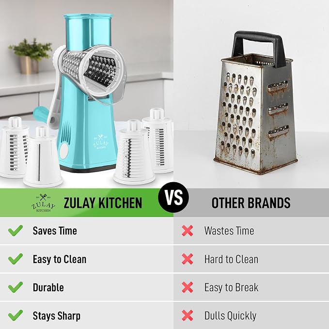 Zulay Kitchen Rotary Cheese Grater 5 Blade Cheese Shredder - Manual Hand Crank Cheese Grater With Reinforced Suction & 5 Interchangeable Drums - Easy to Use, Vegetable Chopper Round Mandoline Slicer